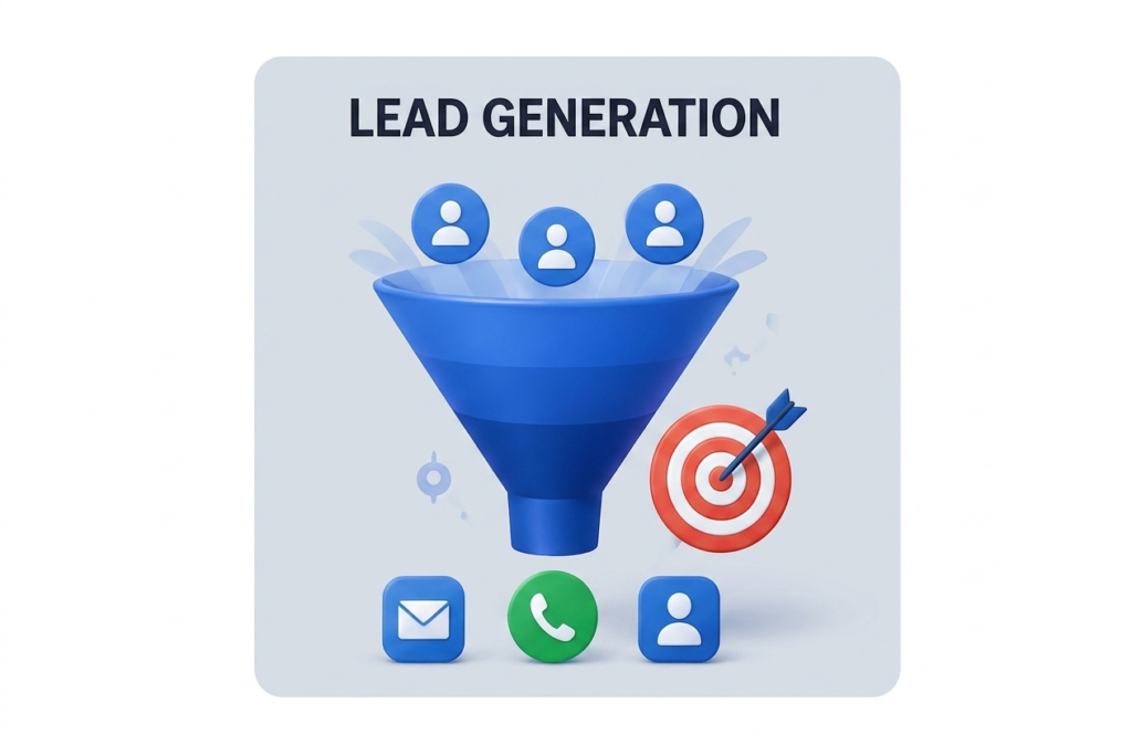 A 3D-style illustration representing "Lead Generation." It features a large blue funnel in the center with multiple human profile icons being directed into the top. Next to the funnel is a red and white target with an arrow hitting the bullseye. Below the funnel are three icons representing contact methods: an envelope for email, a phone receiver for calls, and a profile icon for CRM or lead management. The design uses a clean, professional aesthetic on a light gray background.