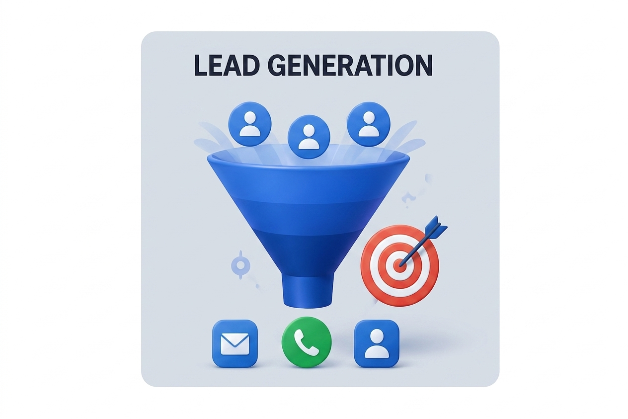 A 3D-style illustration representing "Lead Generation." It features a large blue funnel in the center with multiple human profile icons being directed into the top. Next to the funnel is a red and white target with an arrow hitting the bullseye. Below the funnel are three icons representing contact methods: an envelope for email, a phone receiver for calls, and a profile icon for CRM or lead management. The design uses a clean, professional aesthetic on a light gray background.
