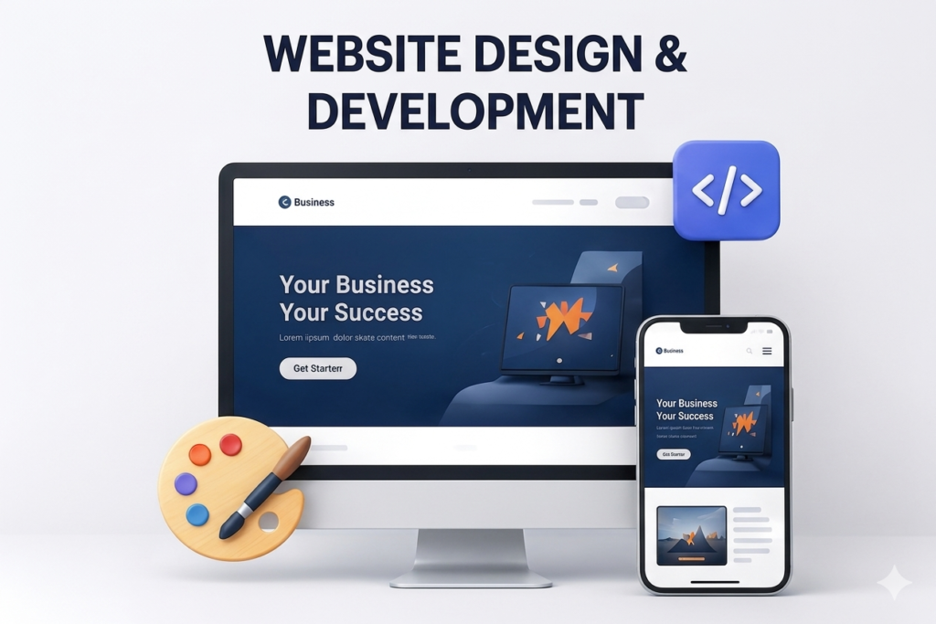 A 3D-style illustration for "Website Design & Development" featuring a desktop monitor and a smartphone, both displaying a sleek, dark-themed business website with the headline "Your Business Your Success." The scene includes a floating blue icon with a code symbol representing development, and a wooden painter's palette with a brush representing design. The overall aesthetic is professional and modern.