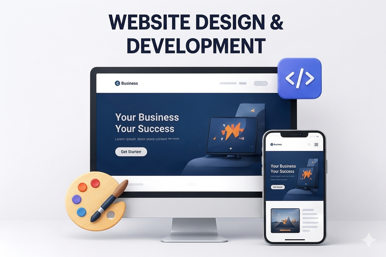 A 3D-style illustration for "Website Design & Development" featuring a desktop monitor and a smartphone, both displaying a sleek, dark-themed business website with the headline "Your Business Your Success." The scene includes a floating blue icon with a code symbol representing development, and a wooden painter's palette with a brush representing design. The overall aesthetic is professional and modern.