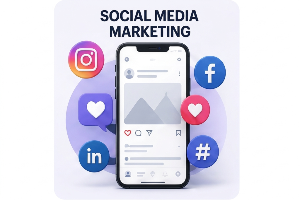 A 3D-style illustration representing "Social Media Marketing." It features a central smartphone displaying a social media feed interface. Surrounding the phone are floating icons for Instagram, Facebook, and LinkedIn, along with notification bubbles containing heart "like" symbols and a hashtag symbol. The design uses a clean, modern aesthetic with a soft purple circular backdrop.