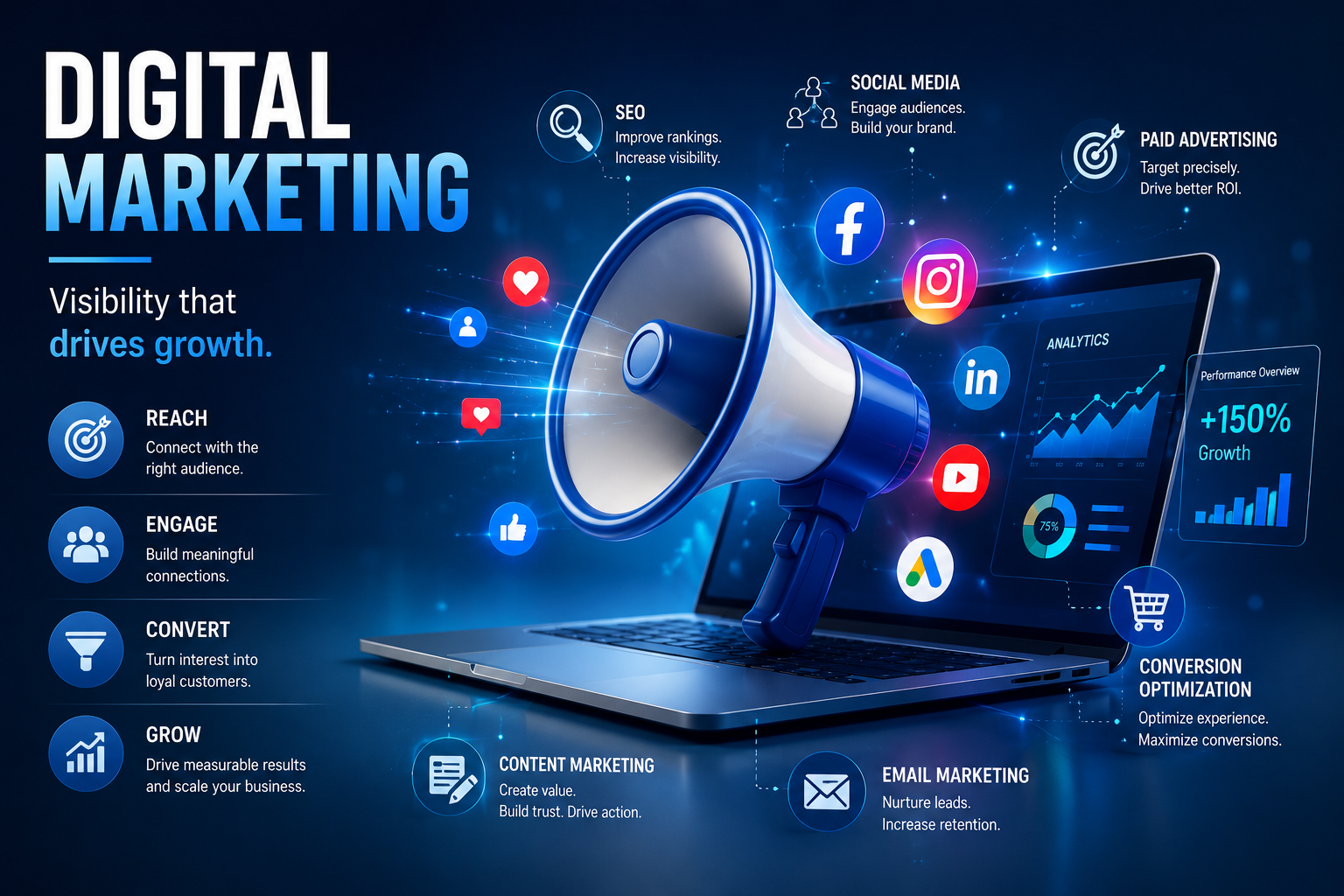 Business Growth Ecosystem marketing framework combining strategy, branding, campaign management, performance marketing, analytics, and customer acquisition