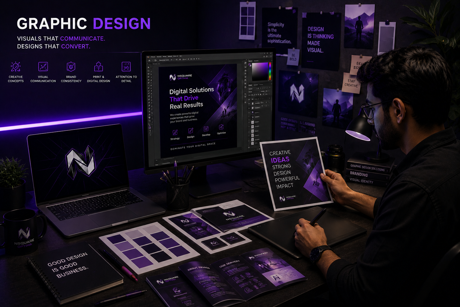 Professional graphic designer creating marketing materials, social media creatives, brochures, brand assets, and digital designs using a graphics tablet and design software in a modern creative studio.