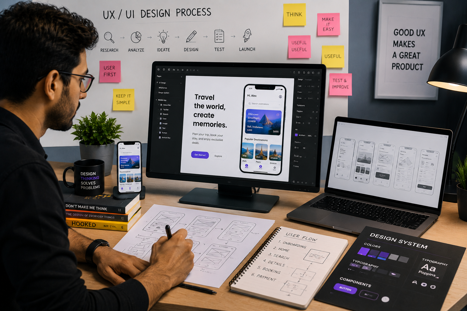 Professional UI/UX designer creating mobile app wireframes, user interface designs, user experience prototypes, and design systems using digital design tools in a modern creative workspace.