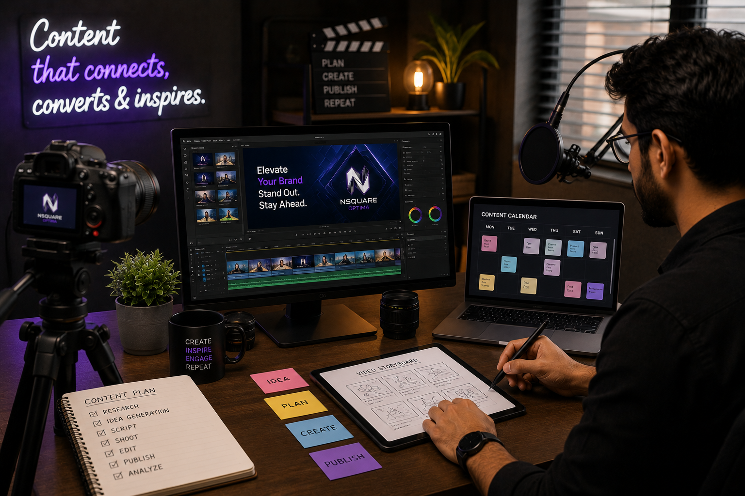 Professional content creator planning, producing, and editing digital content, social media videos, marketing campaigns, and branded visuals in a modern content creation studio