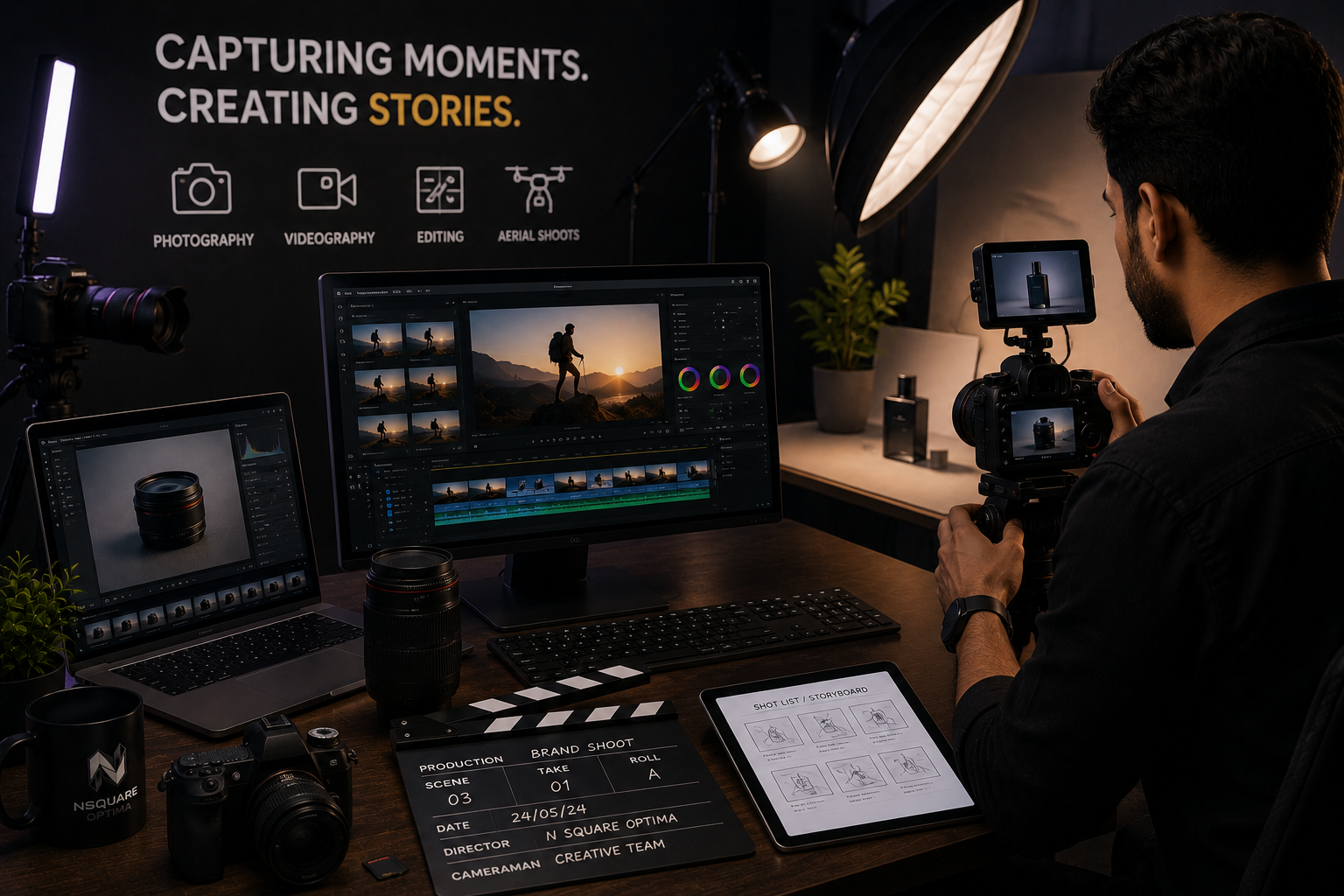Professional photography and videography team capturing and editing high-quality brand photos, promotional videos, product photography, and marketing content in a modern production studio.