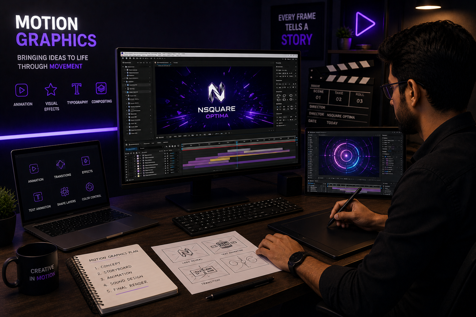 Professional motion graphics designer creating animated brand videos, logo animations, visual effects, explainer videos, and digital motion graphics using advanced animation software in a modern creative studio