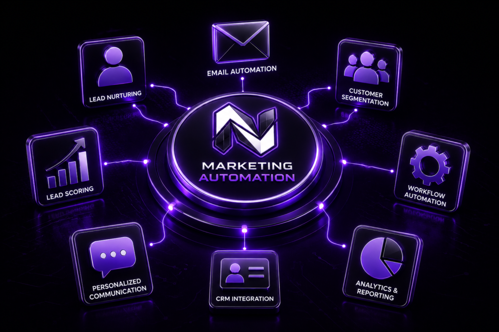 Marketing Automation Services by NSquare Optima showcasing email automation, lead nurturing, CRM integration, customer segmentation, workflow automation, lead scoring, personalized communication, and analytics to drive business growth.