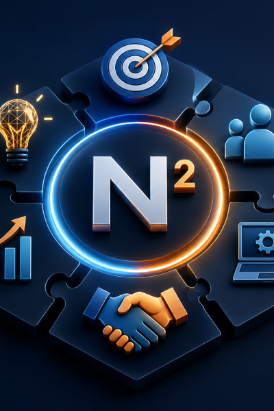 NSquare Optima Business Growth Ecosystem visual showcasing the N² Growth Framework™ connecting strategy, innovation, technology, marketing, partnerships, and scalable business growth.
